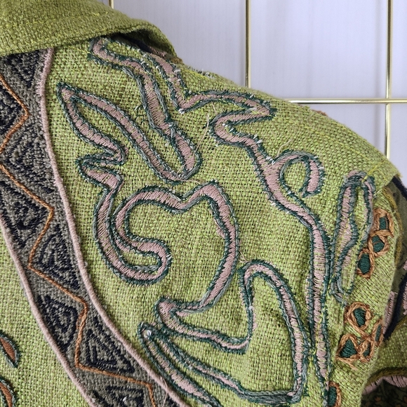 Chico's Design Silk Vintage Embroidered  Wearable Art Boho Green Blazer Jacket - Picture 8 of 11